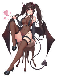 Rule 34 | 1girl, :d, absurdres, baeg mi, bare shoulders, black bra, black choker, black footwear, black gloves, black panties, bra, breasts, brown leotard, brown thighhighs, choker, cleavage, clenched teeth, clothing cutout, collarbone, commentary request, commission, covered erect nipples, demon girl, demon horns, demon tail, demon wings, elbow gloves, full body, gloves, hair between eyes, heart, heart cutout, heart o-ring, high heels, highres, horns, knee up, leotard, long bangs, medium breasts, micro bra, navel, open mouth, original, panties, partially fingerless gloves, platform footwear, platform heels, pointy ears, pubic tattoo, red eyes, shiny skin, simple background, sitting, smile, solo, stool, tail, tattoo, teeth, thigh strap, thighhighs, thighs, twintails, underwear, white background, wings
