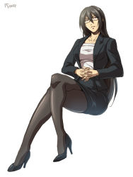 Rule 34 | 10s, 1girl, alternate costume, black hair, black pantyhose, breasts, collarbone, crossed legs, dated, formal, full body, glasses, hair between eyes, high heels, huge breasts, interlocked fingers, kantai collection, legs, long hair, looking at viewer, miniskirt, nagato (kancolle), own hands clasped, own hands together, pantyhose, pencil skirt, red eyes, simple background, sitting, skirt, skirt suit, solo, suit, tsuzuki masumi, very long hair, white background