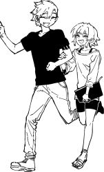 Rule 34 | 1boy, 1girl, arm grab, closed eyes, fang, genderswap, genderswap (mtf), greyscale, hair between eyes, height difference, highres, jeong sana, jeong surim, monochrome, open mouth, parkgee, sandals, short hair, suicide boy