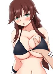 Rule 34 | 1boy, 1girl, alumina1863, bikini, black bikini, blush, braid, breasts, brown hair, cleavage, collarbone, elbow gloves, gloves, green eyes, hair tie, hand on another&#039;s arm, hand on another&#039;s chest, hand under clothes, kantai collection, large breasts, long hair, looking at viewer, navel, noshiro (kancolle), open mouth, pov, pov hands, sidelocks, simple background, solo focus, swimsuit, twin braids, upper body, white background, white gloves