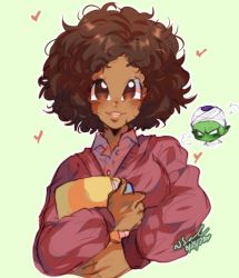 Rule 34 | 1boy, 1girl, 2022, afro, artist request, big hair, black hair, blush, breasts, brown hair, chibi, colored skin, crossed arms, dark skin, dated, dragon ball, dragon ball super, dragon ball super super hero, embarrassed, green skin, heart, hetero, highres, janet (dragon ball), lips, looking at another, looking at viewer, medium breasts, piccolo, pointy ears, shiny skin, simple background, smile, standing, sweater, teacher