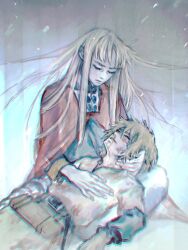 Rule 34 | 2boys, androgynous, belt, blonde hair, blood, blood on face, buckle, canute, cloak, closed eyes, eyelashes, floating hair, hand on another&#039;s chest, hand on another&#039;s head, highres, long hair, lying, lying on lap, lying on person, male focus, multiple boys, nosebleed, prince, red cloak, sitting, snow, snowing, spring deers, thorfinn, unconscious, viking, vinland saga