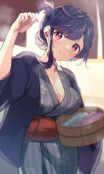 Rule 34 | 1girl, absurdres, blue hair, breasts, bucket, cleavage, closed mouth, grey kimono, highres, holding, holding bucket, indie virtual youtuber, japanese clothes, kazepana, kazepana (vtuber), kimono, large breasts, looking at viewer, obi, pink eyes, sash, short hair, smile, solo, virtual youtuber