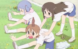 Rule 34 | &gt; &lt;, 3girls, aioi yuuko, blue hair, blush, brown hair, bug, butterfly, exercising, flower, grass, gym uniform, cube hair ornament, hair ornament, hands on another&#039;s shoulders, highres, insect, maitreya, minakami mai, multiple girls, naganohara mio, nichijou, object on head, official art, outdoors, shirt, shoes, short twintails, socks, statue, stretching, towel, towel around neck, twintails, white shirt