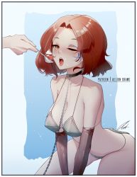 Rule 34 | 1girl, aelion draws, bikini, black choker, breasts, chain, chain leash, choker, collarbone, commentary, elden ring, english commentary, facial tattoo, food, fruit, green bikini, highres, holding, holding spoon, leash, medium breasts, melina (elden ring), one eye closed, open mouth, patreon username, red hair, short hair, solo focus, spoon, strawberry, swimsuit, tattoo, yellow eyes