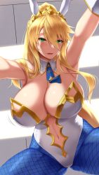 Rule 34 | 1girl, ahoge, akitsuki karasu, all fours, animal ears, armpits, artoria pendragon (all), artoria pendragon (fate), artoria pendragon (swimsuit ruler) (fate), bare shoulders, blonde hair, blue neckwear, blue pantyhose, blush, braid, breasts, cleavage, clothing cutout, detached collar, fake animal ears, fate/grand order, fate (series), fishnet pantyhose, fishnets, french braid, from below, girl on top, green eyes, hair between eyes, highleg, highleg leotard, highres, large breasts, leotard, long hair, looking at viewer, navel, navel cutout, necktie, open mouth, pantyhose, perspective, playboy bunny, ponytail, rabbit ears, sidelocks, smile, tiara, white leotard, wrist cuffs