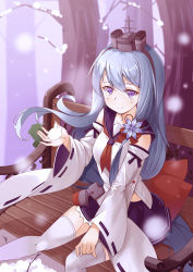 Rule 34 | 1girl, absurdres, bare shoulders, bench, blue eyes, blue hair, detached sleeves, flower, headgear, highres, long hair, looking at viewer, matching hair/eyes, ootsuki momiji, pleated skirt, sailor collar, shirayuki (warship girls r), sitting, skirt, smile, snow, snow rabbit, snowing, solo, thighhighs, tree, very long hair, warship girls r, white thighhighs