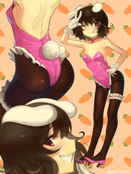Rule 34 | 1girl, ;p, alternate costume, animal ears, arm up, bare shoulders, black hair, black pantyhose, blush, boa (brianoa), breasts, choker, collarbone, floppy ears, gloves, grin, hand on own hip, high heels, highres, inaba tewi, leotard, one eye closed, pantyhose, pink choker, playboy bunny, rabbit ears, red eyes, shoulder blades, small breasts, smile, solo, tongue, tongue out, touhou, twitter username, v, white gloves