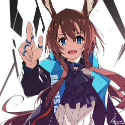 Rule 34 | 1girl, amiya (arknights), animal ears, arknights, ascot, black ascot, black jacket, blue eyes, brown hair, frilled ascot, frills, hair between eyes, highres, hood, hooded jacket, jacket, jewelry, long hair, long sleeves, looking at viewer, multiple rings, neck ring, open clothes, open jacket, open mouth, rabbit ears, revision, ring, shikei, solo, thumb ring, upper body