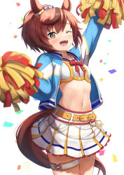 Rule 34 | 1girl, ;d, amano kusatsu, animal ears, arm up, belt, blouse, blue jacket, breasts, brown eyes, brown hair, cheerleader, cowboy shot, crop top, highres, holding, horse ears, horse girl, horse tail, jacket, long hair, long sleeves, looking at viewer, midriff, miniskirt, navel, nice nature (run&amp;win) (umamusume), nice nature (umamusume), one eye closed, open clothes, open jacket, open mouth, pleated skirt, pom pom (cheerleading), ponytail, shirt, skirt, small breasts, smile, solo, stomach, tail, thigh strap, umamusume, white shirt, white skirt