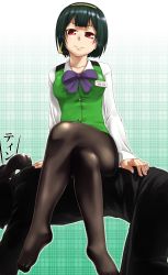 Rule 34 | 00s, 1girl, bow, bowtie, character request, crossed legs, artistic error, feet, femdom, green hair, hairband, headset, highres, human chair, human furniture, idolmaster, idolmaster (classic), idolmaster 1, looking at viewer, mole, mole under mouth, name tag, no shoes, otonashi kotori, outline, pantyhose, plaid, plaid background, prostration, red eyes, shiny clothes, shoes, unworn shoes, short hair, simple background, sitting, sitting on person, smile, solo focus, ttomm