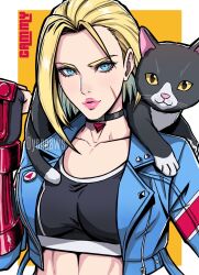 Rule 34 | 1girl, animal ears, blonde hair, blue eyes, breasts, cammy white, cat, cat ears, cat tail, crop top, highres, jacket, large breasts, lips, long sleeves, oyenpaws, short hair, street fighter, street fighter 6, tail