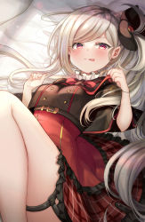 Rule 34 | 1girl, black flower, black jacket, blue archive, blush, breasts, closed mouth, flower, grey hair, hair flower, hair ornament, jacket, licking lips, long hair, looking at viewer, lying, mutsuki (blue archive), on back, plaid, plaid skirt, red eyes, red skirt, shirt, side ponytail, skirt, small breasts, smile, solo, tongue, tongue out, very long hair, white shirt, yukinimaru