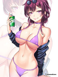 Rule 34 | 1girl, artist name, bare shoulders, bikini, blue jacket, can, choker, commentary, cowboy shot, drink can, english commentary, etchimune, eyewear on head, glasses, groin, hand up, holding, honkai: star rail, honkai (series), jacket, kafka (honkai: star rail), long hair, long sleeves, looking at viewer, navel, off shoulder, pince-nez, pink lips, purple bikini, purple choker, purple eyes, purple hair, simple background, smile, soda can, sprite (drink), standing, stomach, sunglasses, swimsuit, twitter username, white background, zoom layer