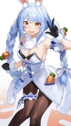 Rule 34 | 1girl, :d, absurdres, animal ear fluff, animal ears, bad id, bad pixiv id, black gloves, black pantyhose, blue hair, blush, braid, breasts, carrot hair ornament, cleavage, detached sleeves, don-chan (usada pekora), dress, feet out of frame, food-themed hair ornament, fur trim, gloves, hair ornament, highres, hololive, legband, long hair, looking at viewer, multicolored hair, open mouth, orange eyes, pantyhose, puffy short sleeves, puffy sleeves, rabbit-shaped pupils, rabbit ears, rabbit girl, short sleeves, silver hair, simple background, small breasts, smile, solo, standing, star741, symbol-shaped pupils, thick eyebrows, twin braids, twintails, two-tone hair, usada pekora, v, very long hair, virtual youtuber, white background, white dress