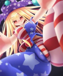 Rule 34 | 1girl, american flag dress, american flag legwear, artistic error, ass, bad id, bad pixiv id, blonde hair, blurry, blush, breasts, cameltoe, clownpiece, covered erect nipples, depth of field, fat mons, female focus, foreshortening, from below, full-face blush, hat, impossible clothes, impossible shirt, jester cap, large breasts, licking lips, long hair, looking at viewer, pantyhose, pov, red eyes, seductive smile, shirt, short sleeves, simple background, smile, solo, space, stomach, straddling, striped clothes, striped pantyhose, thighs, tongue, tongue out, touhou, very long hair, z.o.b