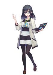 Rule 34 | 1girl, :d, azu-taro, black-framed eyewear, black hair, black pantyhose, blue eyes, brown footwear, computer, full body, hand up, holding, holding laptop, id card, jacket, knees together feet apart, lanyard, laptop, loafers, long hair, looking at viewer, open mouth, original, pantyhose, shirt, shoes, smile, solo, striped clothes, striped shirt, virtual youtuber, white jacket, wristband