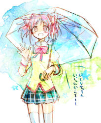 Rule 34 | 10s, 1girl, bad id, bad pixiv id, blush, bow, female focus, gradient background, kaname madoka, lowres, mahou shoujo madoka magica, mahou shoujo madoka magica (anime), pink eyes, pink hair, school uniform, sencha (coldcolor), skirt, smile, solo, star (symbol), thighhighs, translation request, twintails, umbrella, waving, white background