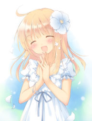 Rule 34 | 1girl, :d, ^ ^, ahoge, bare arms, blonde hair, blush, bracelet, closed eyes, dress, closed eyes, flower, hair flower, hair ornament, head tilt, interlocked fingers, jewelry, long hair, open mouth, original, own hands clasped, own hands together, pan (mimi), petals, smile, solo, upper body, white dress