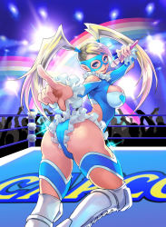 Rule 34 | 1990s (style), 1girl, ass, blonde hair, blue eyes, boots, breasts, capcom, crowd, female focus, frills, highres, kinoshita reiko, leotard, long hair, looking at viewer, mask, microphone, pointing, rainbow mika, rieko kinoshita, sideboob, smile, solo, street fighter, street fighter zero (series), twintails, wrestling outfit, wrestling ring