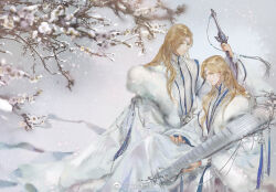 Rule 34 | 2boys, blonde hair, brothers, chinese clothes, chinese commentary, circlet, cloak, closed mouth, erha he tadebai mao shizun, expressionless, flower, fur-trimmed cloak, fur trim, green eyes, guqin, hanfu, highres, holding, holding instrument, holding sword, holding weapon, instrument, jing shu, long hair, long sleeves, looking at viewer, male focus, mei hanxue (older), mei hanxue (younger), multiple boys, official art, siblings, smile, snow, snowing, sword, tassel, tree, twins, weapon, white cloak, white hanfu, wide sleeves