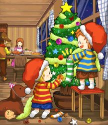 Rule 34 | 1girl, 3boys, blonde hair, boney, brown hair, cake, christmas, christmas tree, claus (mother 3), dog, doseisan, family, flint (mother 3), food, hat, hinawa, long hair, lowres, lucas (mother 3), mother (game), mother 3, multicolored shirt, multiple boys, nintendo, pastry, santa hat, shirt, smile, striped clothes, striped shirt