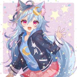 Rule 34 | 1girl, animal ears, arcadia zero, blue hair, blue hoodie, blue jacket, blush, commission, crescent, crescent hair ornament, crescent moon, fox ears, fox girl, fox tail, hair ornament, hood, hoodie, indie virtual youtuber, jacket, long hair, long sleeves, looking at viewer, moon, open mouth, pink skirt, purple eyes, shione (memento forest), skeb commission, skirt, smile, solo, star (symbol), starry background, tail, virtual youtuber