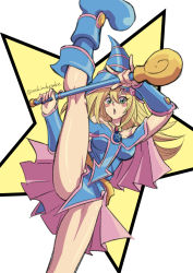 Rule 34 | 1girl, artist request, ass, bare legs, bare shoulders, blonde hair, blue footwear, blue hat, blue leotard, blush stickers, boots, bracer, breasts, commentary request, dark magician girl, duel monster, flexible, green eyes, hair between eyes, hat, holding, holding wand, kneepits, leg up, leotard, long hair, looking at viewer, magical girl, open mouth, pinkerton taisa, shiny skin, solo, split, standing, standing on one leg, standing split, tongue, twitter username, wand, yu-gi-oh!