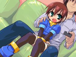 Rule 34 | 1boy, 1girl, aile (mega man zx), between legs, blue footwear, blush, bodystocking, bracelet, brown hair, capcom, controller, couch, covering privates, dutch angle, fang, green eyes, hand on another&#039;s shoulder, indoors, jewelry, mega man (series), mega man zx, on couch, open mouth, redrantem, remote control, robot ears, short hair, short sleeves, shorts, sitting, solo focus, tomoshibi hidekazu, v-shaped eyebrows, white shorts