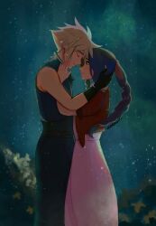 Rule 34 | 1boy, 1girl, aerith gainsborough, armor, black gloves, blonde hair, braid, braided ponytail, brown hair, closed eyes, cloud strife, cowboy shot, cropped jacket, dress, final fantasy, final fantasy vii, final fantasy vii remake, gloves, hair ribbon, hand on another&#039;s cheek, hand on another&#039;s face, highres, jacket, long dress, long hair, looking at another, outdoors, parted bangs, pink dress, pink ribbon, red jacket, ribbon, short hair, short sleeves, shoulder armor, sidelocks, sleeveless, sleeveless turtleneck, spiked hair, square enix, turtleneck, vanekairi