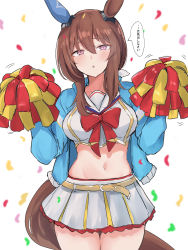 Rule 34 | 1girl, :o, admire vega (umamusume), animal ears, belt, belt buckle, blue jacket, bow, breasts, brown belt, brown hair, buckle, commentary request, confetti, cosplay, cowboy shot, crop top, hair between eyes, hands up, highres, holding, horse ears, horse girl, horse tail, jacket, long hair, looking at viewer, medium breasts, midriff, navel, nice nature (run&amp;win) (umamusume), nice nature (umamusume), nice nature (umamusume) (cosplay), nyakonro (nekonro), open clothes, open jacket, parted lips, pink eyes, pleated skirt, pom pom (cheerleading), red bow, shirt, simple background, skirt, solo, tail, thigh gap, translation request, umamusume, white background, white shirt, white skirt