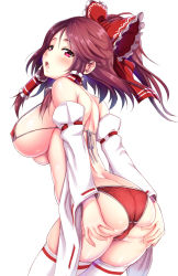 Rule 34 | 1girl, ass, ass grab, bikini, blush, bow, breasts, brown hair, butt crack, detached sleeves, ebi 193, from behind, hair bow, hair tubes, hakurei reimu, large breasts, long hair, looking back, open mouth, ponytail, red bikini, red eyes, revision, solo, spread ass, swimsuit, thighhighs, touhou, underboob, white thighhighs, wide sleeves