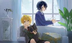Rule 34 | 2boys, black hair, blonde hair, blue shirt, book, cabinet, couch, cup, gilbert nightray, green hair, green sweater, grey jacket, highres, holding, holding book, indoors, jacket, male focus, multiple boys, necktie, on couch, open mouth, oz vessalius, pandora hearts, plant, potted plant, reading, red necktie, shirt, short hair, sitting, smile, sweater, teacup, teapot, window, xiuning233, yellow eyes