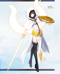 Rule 34 | 1girl, black footwear, black hair, black necktie, boots, breasts, bright pupils, capelet, closed mouth, corset, fate/grand order, fate (series), full body, high heel boots, high heels, highres, holding, holding shield, holding weapon, hood, hood up, hooded capelet, lance, looking at viewer, medium breasts, necktie, official art, ortlinde (fate), pelvic curtain, polearm, red eyes, shield, simple background, solo, standing, takeuchi takashi, thigh boots, thighhighs, valkyrie (fate), weapon, white background, white pupils