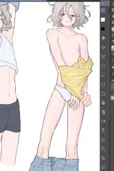 1boy art_program_in_frame bags_under_eyes black_eyes dungeon_meshi elf grey_hair highres lazy_eye male_focus male_underwear mchi125 mithrun navel nipples notched_ear partially_undressed pointy_ears short_hair solo_focus underwear undressing uneven_eyes unworn_shirt wavy_hair