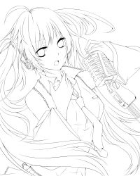 Rule 34 | 1girl, ahoge, bad id, bad pixiv id, detached sleeves, greyscale, haru (haru2079), hatsune miku, headphones, highres, lineart, long hair, microphone, microphone stand, monochrome, necktie, open mouth, solo, star (symbol), transparent background, twintails, vocaloid