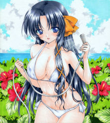 Rule 34 | 1girl, bikini, black hair, blue eyes, blush, breasts, cleavage, colored pencil (medium), covered erect nipples, female focus, flower, hair ribbon, hibiscus, kurugaya yuiko, large breasts, little busters!, long hair, looking at viewer, marker (medium), millipen (medium), navel, open mouth, ren (endscape20), ribbon, shower head, smile, solo, standing, swimsuit, traditional media, wet