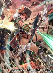 Rule 34 | 1girl, armor, arrow (projectile), belt, boots, bow (weapon), brown eyes, brown hair, cloud, commentary, company name, copyright name, fingerless gloves, fire emblem, fire emblem: thracia 776, fire emblem cipher, fur trim, gloves, headband, holding, holding bow (weapon), holding weapon, knee boots, kousei horiguchi, looking at viewer, nintendo, official art, open mouth, outdoors, pants, quiver, short hair, short sleeves, shoulder armor, shoulder pads, sunset, tanya (fire emblem), torn clothes, torn pants, weapon
