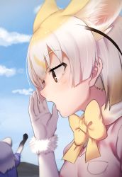 Rule 34 | 10s, 2girls, animal ears, blonde hair, bow, bowtie, brown eyes, common raccoon (kemono friends), day, extra ears, fennec (kemono friends), fox ears, gloves, hand up, kemono friends, multicolored hair, multiple girls, nyifu, open mouth, outdoors, puffy short sleeves, puffy sleeves, purple shirt, raccoon ears, shirt, short hair, short sleeves, solo focus, upper body, white gloves, white hair, yellow bow, yellow neckwear