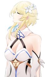 Rule 34 | 1girl, absurdres, bare shoulders, blonde hair, blush, breasts, cleavage, closed eyes, commentary, detached sleeves, dress, flower, genshin impact, hair flower, hair ornament, highres, large breasts, long hair, lumine (genshin impact), ritou08, sidelocks, simple background, sleeveless, sleeveless dress, solo, upper body, white background, white dress, white flower