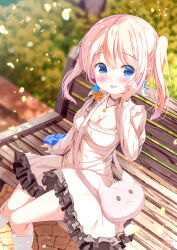 Rule 34 | 1girl, :d, animal bag, bag, black choker, blonde hair, blue bow, blue eyes, blurry, blurry background, blush, bow, breasts, chinomaron, choker, cleavage, collarbone, commentary request, commission, crescent, crescent earrings, day, depth of field, dress, earrings, feet out of frame, frilled dress, frills, hair between eyes, hand up, highres, jewelry, kneehighs, knees together feet apart, long sleeves, looking at viewer, medium breasts, open mouth, original, outdoors, puffy long sleeves, puffy sleeves, shoulder bag, skeb commission, smile, socks, solo, star (symbol), star earrings, twintails, white dress, white socks