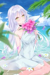 Rule 34 | 1girl, breasts, cloud, covered navel, dress, flower, grey dress, halter dress, halterneck, head tilt, highres, holding, holding flower, long hair, looking at viewer, medium breasts, nerusu, ocean, partially submerged, pink flower, qualia qu, re:act, sitting, sky, solo, thai commentary, very long hair, virtual youtuber, white flower, white hair, yellow eyes