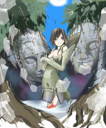 Rule 34 | 1girl, aircraft, airplane, apocalypse now, bandaid, blue eyes, brown hair, crossed arms, detached sleeves, elbow gloves, f-105, glasses, gloves, jet, leaf, mecha musume, military, nano (nanosize), original, red-framed eyewear, solo, statue, sun, tree, wading, water