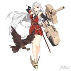 Rule 34 | 1girl, absurdres, alecto mk iv (panzer waltz), bare shoulders, belt, bird, black gloves, breasts, choker, dress, eagle, earrings, elbow gloves, full body, gloves, highres, jewelry, kyouki no kimi, long hair, looking at viewer, medium breasts, military, mole, mole under eye, no bra, official art, panzer waltz, red dress, sheath, short dress, sleeveless, sleeveless dress, solo, sword, very long hair, weapon, white background, white hair, yellow eyes