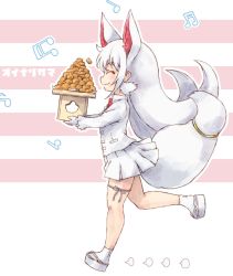 Rule 34 | 10s, 1girl, :3, ^ ^, animal ears, character name, closed eyes, coat, commentary request, extra ears, closed eyes, food, fox ears, fox tail, from side, full body, gloves, highres, kemono friends, kolshica, long hair, long sleeves, musical note, oinari-sama (kemono friends), platform footwear, pleated skirt, sandals, skirt, socks, solo, tail, tail ornament, thigh bow, translation request, very long hair, white hair