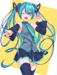 Rule 34 | 1girl, absurdres, aqua hair, bare shoulders, black sleeves, blue eyes, blue hair, border, commentary, cowboy shot, detached sleeves, finger gun, grey shirt, hair ornament, hand up, hatsune miku, highres, long hair, looking at viewer, miku day, nail polish, necktie, one eye closed, open mouth, pochimaru (marumaru wanwan), shirt, skirt, sleeveless, sleeveless shirt, smile, solo, standing, thighhighs, twintails, very long hair, vocaloid, white border, yellow background, zettai ryouiki