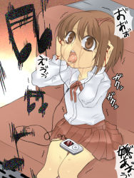 Rule 34 | 1girl, blood, brown eyes, brown hair, character request, digital media player, female focus, goo!, ipod, music, musical note, open mouth, pain, saliva, school uniform, short hair, sitting, skirt, solo, tears, tongue, translation request, trembling