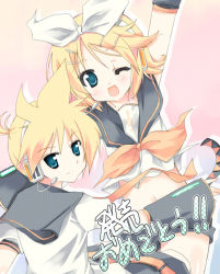 Rule 34 | 1boy, 1girl, aqua eyes, bad id, bad pixiv id, blonde hair, bow, brother and sister, headset, kagamine len, kagamine rin, navel, purinpurin, siblings, twins, vocaloid, wink