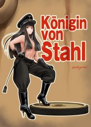 Rule 34 | 10s, 1girl, abazu-red, black hair, brown eyes, german text, girls und panzer, hair censor, hair over breasts, high heels, highres, jodhpurs, mature female, naked suspenders, nazi, nishizumi shiho, nose art, pants, ranguage, riding crop, solo, suspenders, topless, translated, twitter username