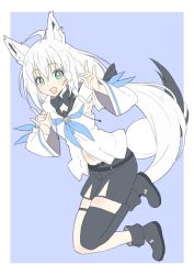 Rule 34 | :d, absurdres, ahoge, animal ear fluff, animal ears, belt, black belt, black footwear, black shorts, blue neckerchief, blush, boots, border, braid, detached sleeves, donguri suzume, earrings, fox ears, fox shadow puppet, fox tail, green eyes, hair between eyes, hands up, highres, hololive, hood, hood down, hooded jacket, jacket, jewelry, jumping, leg strap, long sleeves, looking at viewer, navel, neckerchief, open mouth, purple background, shirakami fubuki, shirakami fubuki (1st costume), shorts, side braid, simple background, single thighhigh, skindentation, smile, solo, tail, thigh strap, thighhighs, virtual youtuber, white border, white jacket, wide sleeves